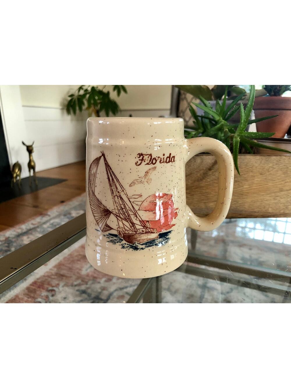 Vintage Florida Souvenir Mug, Boat Sailing Ocean Stein, 70s Retro Kitsch